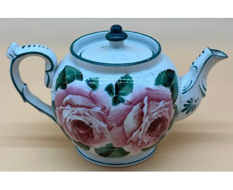 Antique Wemyss ware T. Goode &amp; co Tea pot, cabbage rose design. [10.5x18x11cm] 