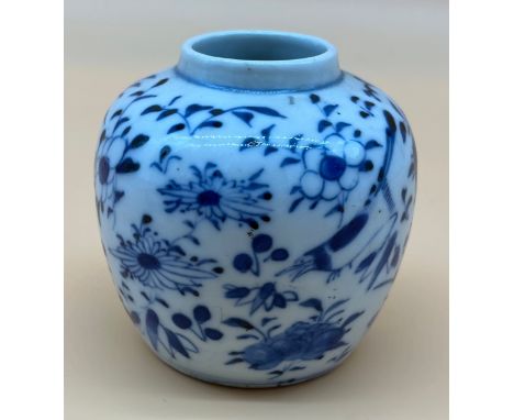 19th century Chinese Kangxi Nian Zhi blue and white small preserve pot. Hand painted with birds, butterflies and flowers. [8.