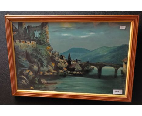 Reserve painting on glass with mother of pearl inlays depicting a night time scene [36x53cm] 