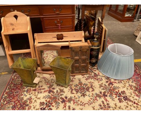 Selection of wooden shelving units, dressing table mirror, fish scene lamp together with pair metal vases with lion foliage h