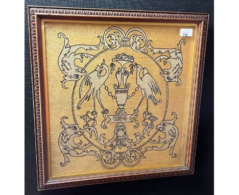 Antique needle work tapestry depicting cranes and urn centre piece and dated 1500. Oak frame. [Frame measures 52x51cm] 