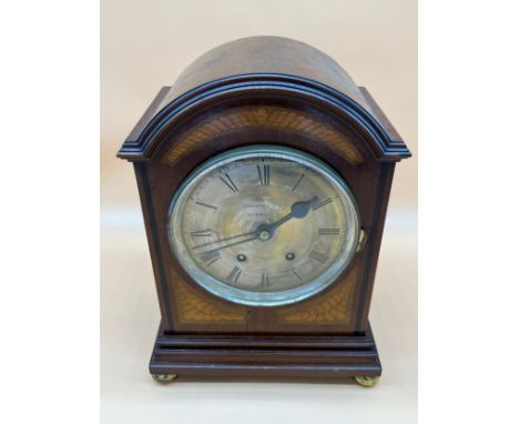 Antique mantel clock by Johnston &amp; Co, Glasgow. Edwardian inlaid casing. French Medaille. Comes with key and pendulum. [R