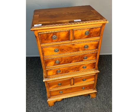 Antique miniature chest on chest, the rectangular top with moulded edge above an arrangement of short and long drawers, raise