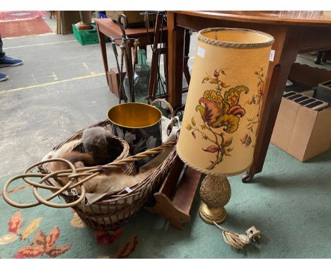 Wicker Basket, Furr Stoles, Lamp etc 