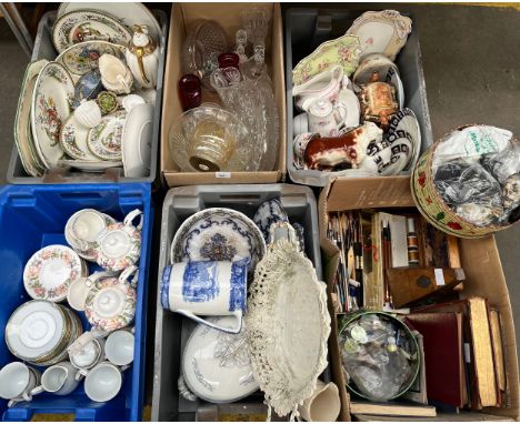 6 boxes of collectable odds to include tea sets, metronome, fine art brushes, books, crystal and collectable porcelain. 