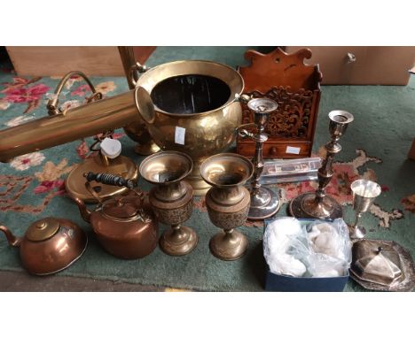 Box of brass and cooper ware to include table lamp, urn, candlesticks, flute vase, teapots etc 