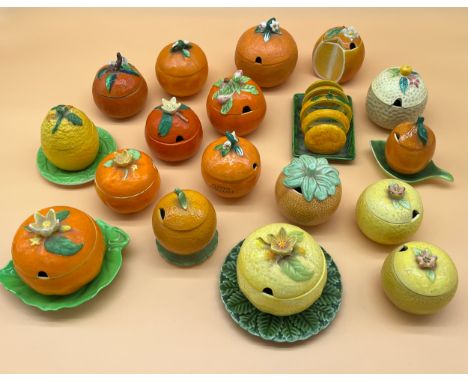 A Collection of various porcelain makers marmalade preserve pots in the form of oranges and lemons. Includes a Toast rack. Ma