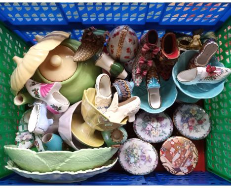 A box of porcelain to include Carlton Ware, Royal Worcester, Musical boxes and ornamental shoes etc 