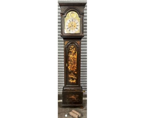 BLACK LACQUERED JAPANNED LONGCASE CLOCK, 19TH CENTURY, Old Father Time automationThe moulded cornice above arched brass dial 