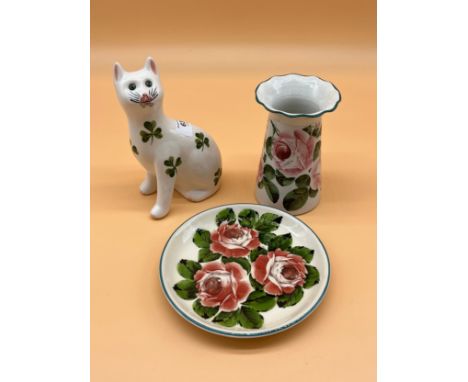 Wemyss ware cabbage rose design vase, G Hill Wemyss ware cabbage rose design plate and G Hill Wemyss ware clover design cat. 