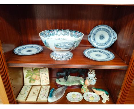 Two shelves of collectables to include Victorian Scottish 'Magdala' Boness pottery bowl, horse figure and pearl stone China d