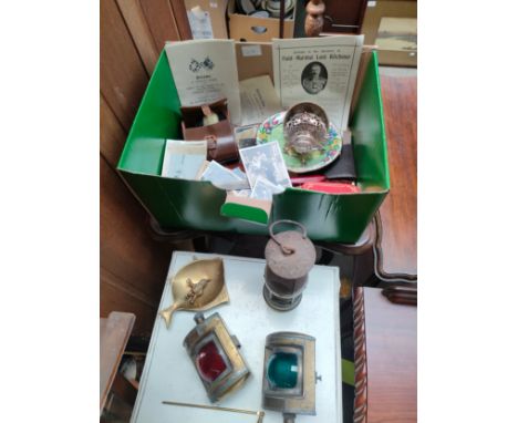 A box of collectables to include brass ship lighting etc 