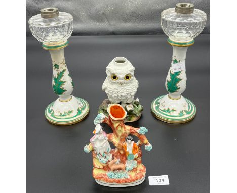 A Lot of collectables to include Victorian porcelain Owl with glass eyes oil lamp base, Porcelain and glass paraffin lamp bas