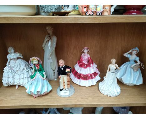 Shelf of various lady figurines to include Royal Doulton, Royal Worcester, Coalport etc 