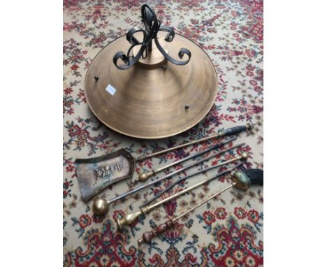 Arts and crafts brass ceiling light together with brass fire utensils. 