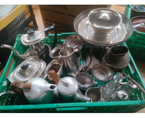 Box of silver plated wares includes 4 piece silver plated tea service etc . 