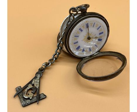 935 silver fob pocket watch fitted with a Birmingham silver masonic fob. White enamel face, gilt decoration and blue Roman nu