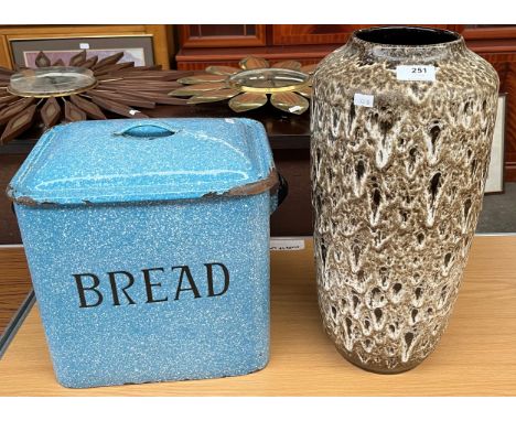 West German drip glaze large vase, together with enamel lidded bread bin. 