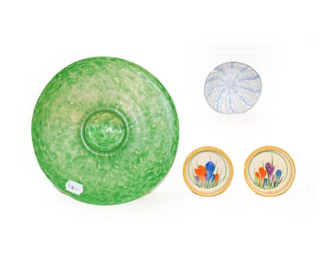 A pair of Clarice Cliff crocus pattern dishes for Wilkinson pottery, together with two art glass bowls including fratelli tos