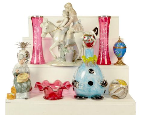 A Lladro figure of two models on horseback together with a Murano glass clown decanter, cranberry glass including silver-rimm