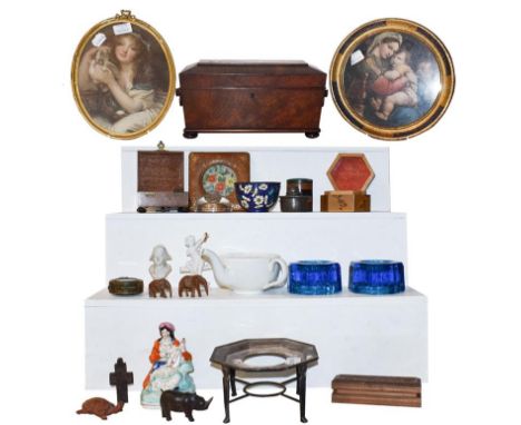 Miscellaneous, including: a 19th century mahogany tea caddy, a silver spirit kettle stand, various carvings, ceramics, prints