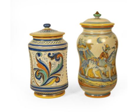 Two 20th century Italian Maiolica Albarello (druggist jars) and covers, tallest 32cm (2)