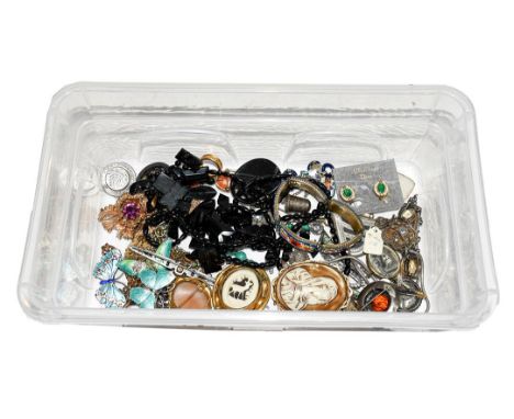 A quantity of costume jewellery including jet necklaces, a pair of Christian Dior earrings; enamel butterfly brooches, paste 