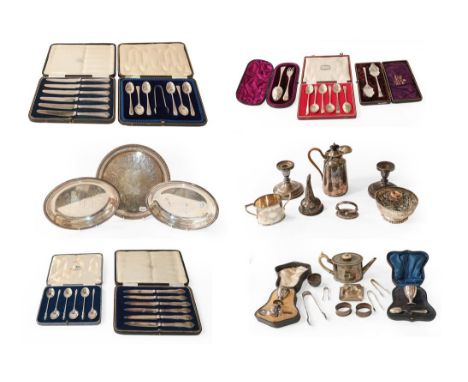 A collection of assorted silver and silver plate, the silver including: various cased sets of spoons; two cased egg-cups with