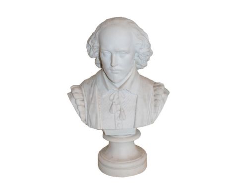 A 19th century Copeland Parian bust of William Shakespeare, raised on a socle plinth, inscribed Ceramic and Crystal Palace Ar