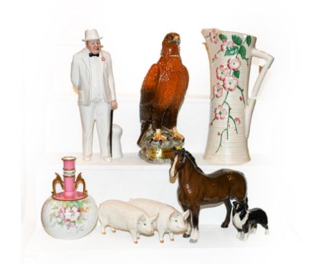 A tray of ceramics including a Beswick Golden Eagle whiskey decanter and stopper, four Beswick figures of champion boar and s