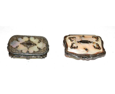 Two silver plate or metal mounted mother-of-pearl purses, each oblong, the interiors fitted with compartments, 8.5cm wide and