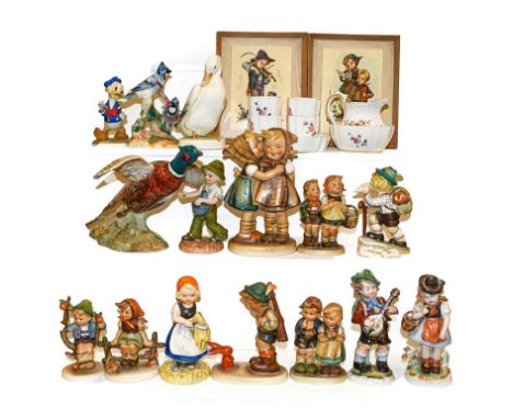 Beswick and Hummel figures including 'Donald Duck' and 'Blue Jays', together with Royal Crown Derby tea wares