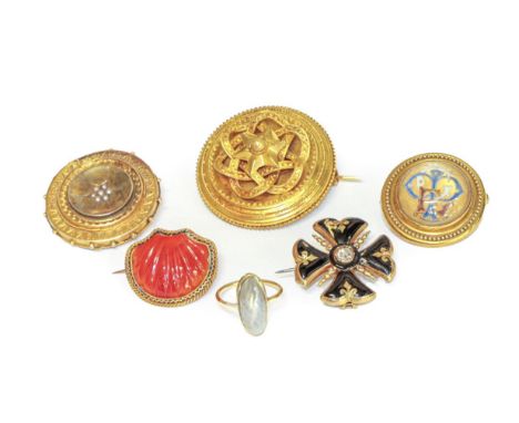 A baroque pearl ring, unmarked, finger size H, and five Victorian brooches of varying designs .  Ring - 2.9 grams. 