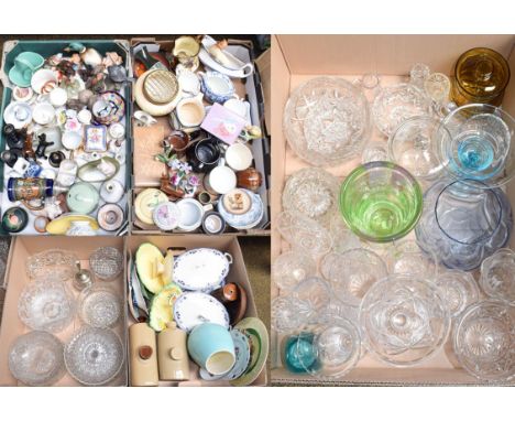 Five boxes of assorted ceramics and glass, including: Poole, Royal Winton, Carltonware, Hornsea and Crested china etc 