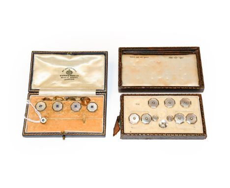 Four mother-of-pearl and synthetic sapphire buttons, stamped '9CT &amp; PT' and one mother-of-pearl and synthetic sapphire st