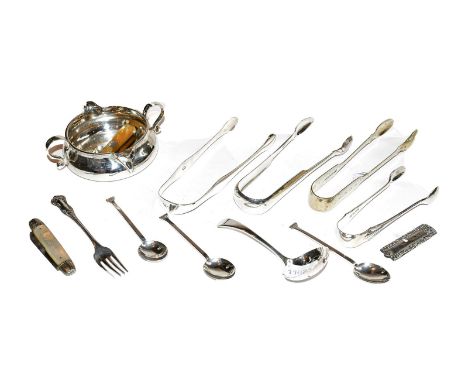 A collection of assorted silver, including: a Victorian double-lipped jug; three pairs of sugar-tongs; two fruit-knives with 