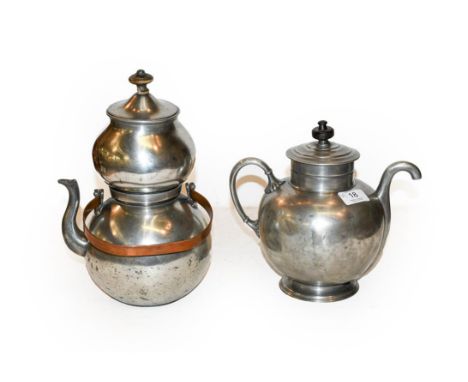 A Royle's patent pewter self pouring teapot, and a Dutch pewter melon shaped coffee pot with copper swing handle (2)