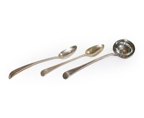 Two George III silver basting-spoons and a soup-ladle, the basting spoons London, 1784 and 1798, the soup-ladle 1810, each Ol