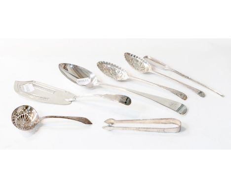 A collection of assorted silver flatware, including; a George III fiddle thread pattern fish-slice; a George II silver marrow