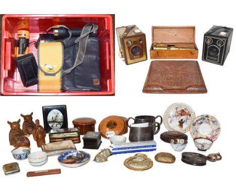 Collectors items, including: two Kodak cameras, small cased microscope, snuff box inscribed ''Part of the old timber Windsor 