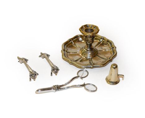A silver plated chamber stick and snuffer, together with with other plated wares (5) 