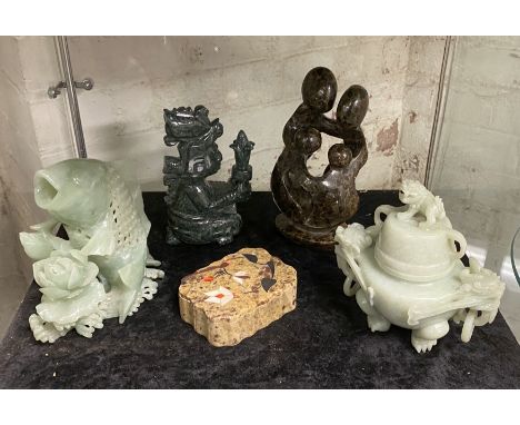 COLLECTION OF JADE &amp; SOAPSTONE WITH A PIETRA DURA BOX