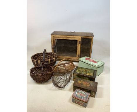 A collection of vintage french baskets together with a vintage meat/cheese safe (signs of worm) and four vintage tins W:61cm 