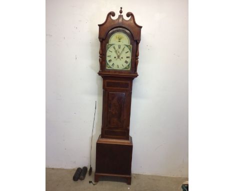 An 8 day hand painted inlaid 19th century long case clock with weights, pendulum and winder. H:220cm