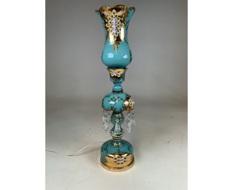 A large continental mid century glass and enamel hand pained lamp.H:63cm