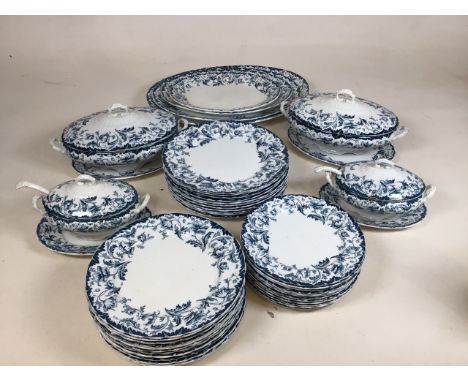 A Blue and white dinner service by W Holme, Burslem â€˜ Ophirâ€™. Includes, dinner plates, breakfast plates, tea plates, ture