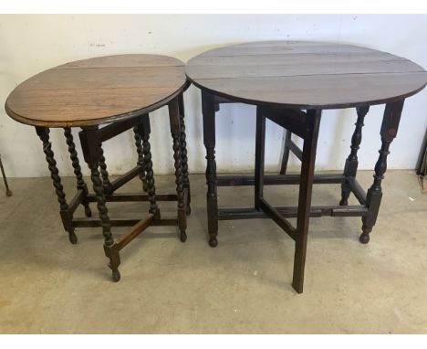 An oak barley twist gate leg table with another. Extended W:63cm x D:88cm x H:70cmExtended W:75cm x D:82cm x H:74cm