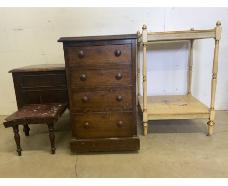 An oak four drawer chest a modern painted two tier table and a commode. 