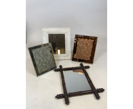 Two mid century mirrored frames together with a painted wooden mirror and a bamboo mirror W:32cm x H:36cm Dimensions of large