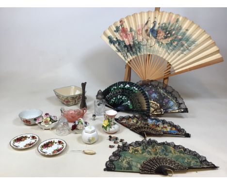 Five mid century fans together with ceramic items including Royal Albert Country Roses pin dishes, Royal Doulton bone China f